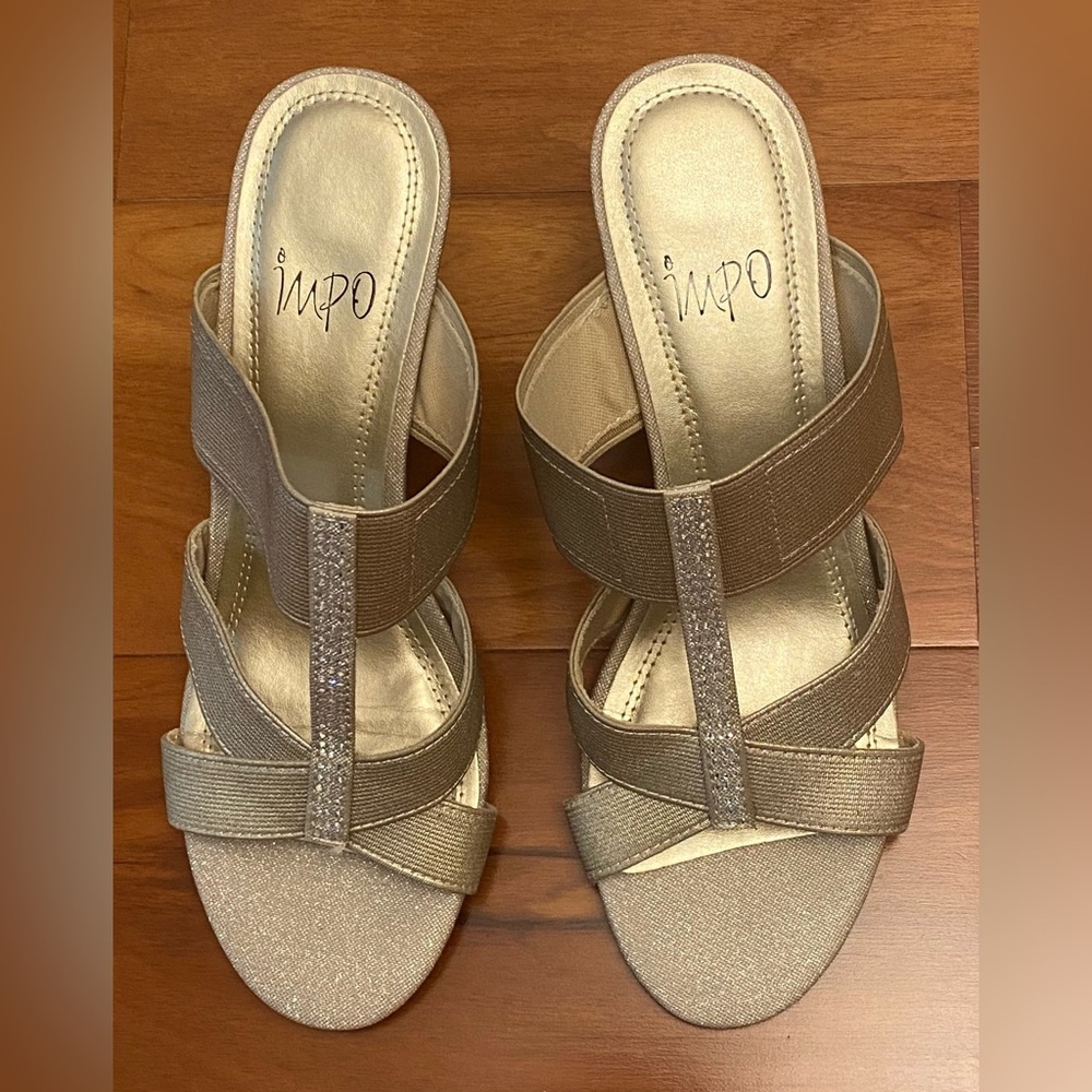 IMPO glittery champagne wedge sandals size 5.5